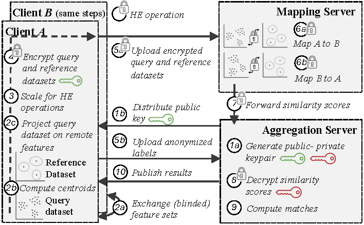 Protocol diagram showing clients A and B, a mapping server, and an aggregation server, with numbered steps for key generation, feature selection, encryption, homomorphic mapping in both directions, decryption, and matching statistics return.